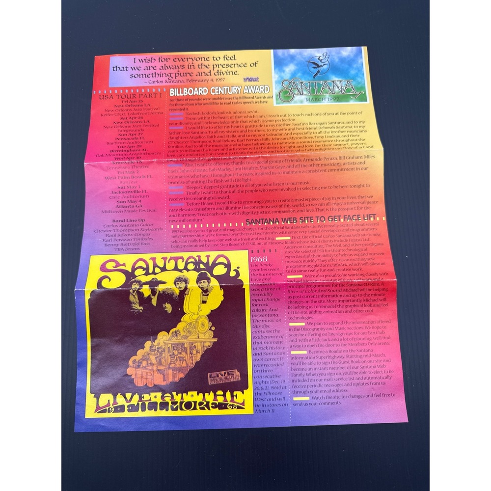 Vintage 1997 Santana USA Tour Program Newsletter Billboard Century Award